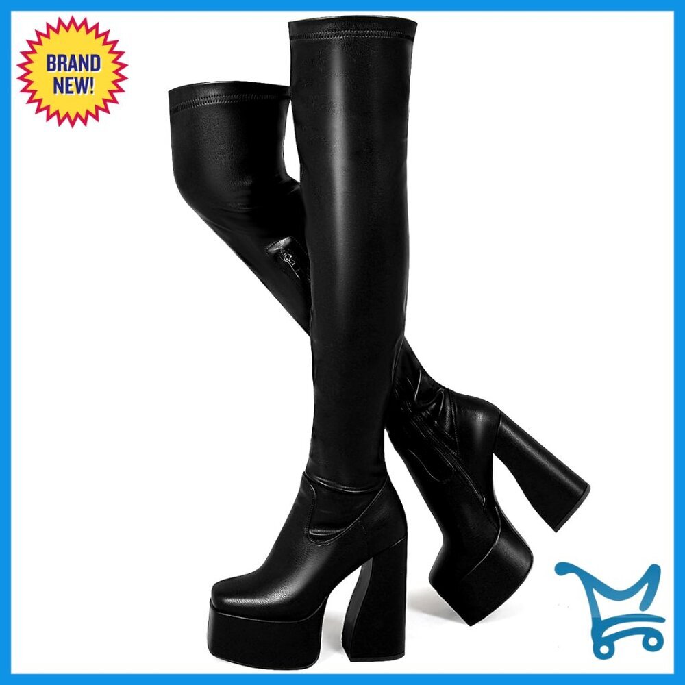 Platform Thigh High Boots Chunky Heel Stretch Leather Over Knee Zipper